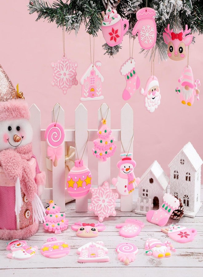 Lunmon 24 Pcs Pink Christmas Ornaments PVC Pastel Ornaments for Christmas Tree Santa Claus Gingerbread House Gnomes Xmas Baubles Winter Decorations for Xmas Tree Party Holiday Decor - Image 2